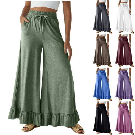 Ashirexll Wide Leg Pants Women, Winter Women Pants, Winter Casual Solid Color Linen Feel Drawstring Elastic High Waist Pants with 4 Pockets Flowing Wide Leg
