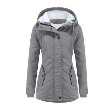 Ashirexll Winter Coats for Women Warm Solid Color Plus Size Plush and Thicken Zip Up Coat with Hood Winter Warm Jacket Gray S
