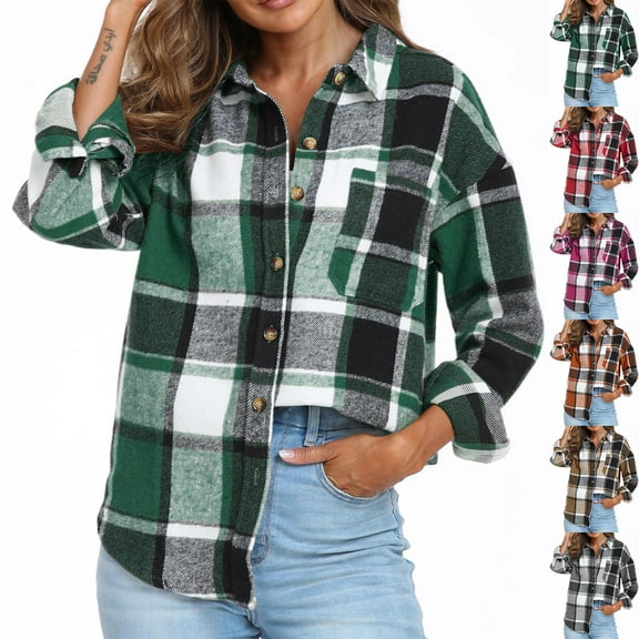 Ashirexll Winter Coats for Women, Womens Fleece Coats, Checkered Button Down Shirt Jacket with Pocket and Top