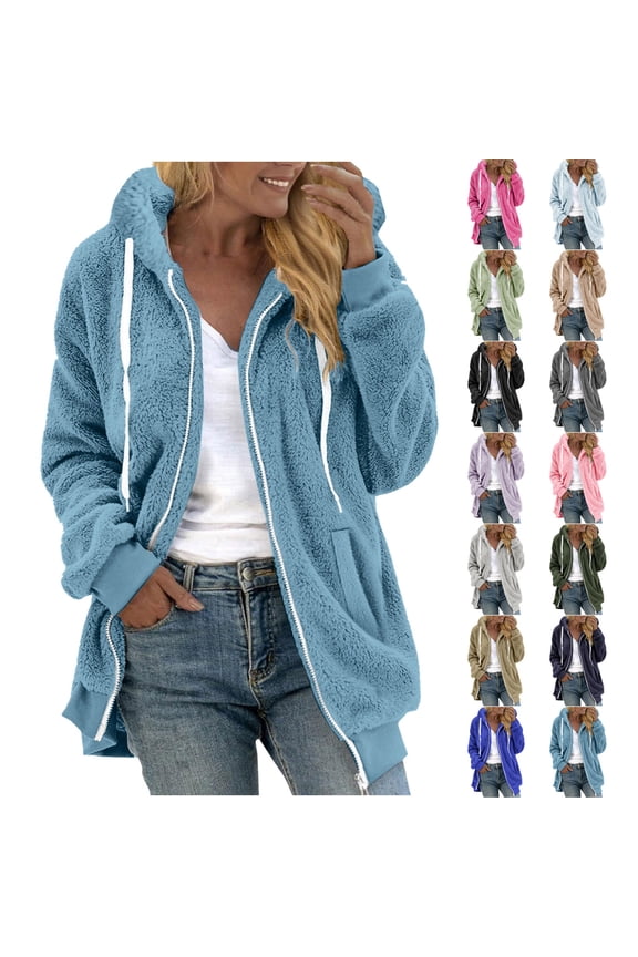 Winter Coats for Women, Womens Fleece Coats, Fashion Warm Winter Zipper Neck Casual Long Sleeve Hooded Outwear