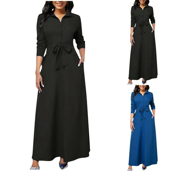 Ashirexll Winter Dress for Women, Long Sleeve Maxi Dress, Ladies Fashion Comfortable Waist Tie Solid Color Long Sleeve Neck Dress for Fall Winter Elegant Casual Wear