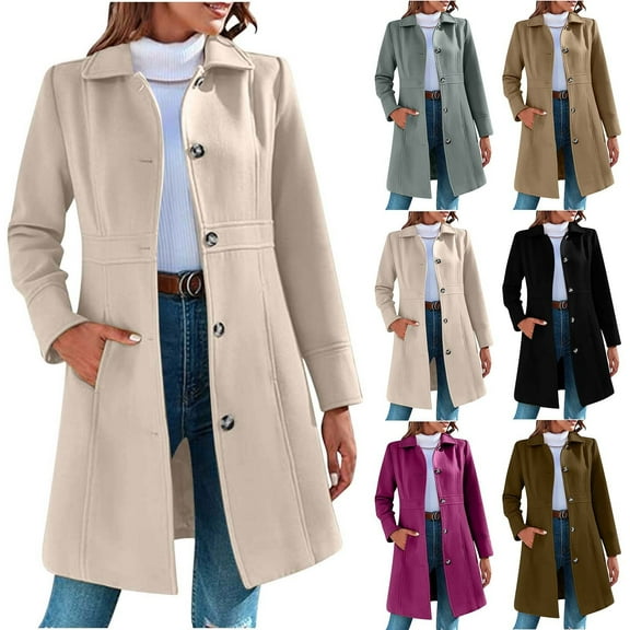 Ashirexll Winter Jackets for Women, Winter Coats for Women, Coats for Women Solid Color Elegant Button Long Sleeve Turndown Collar Winter Coat Wool Jacket