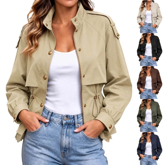 Ashirexll Winter Jackets for Women Long Sleeve Collarless Stand Collar ...