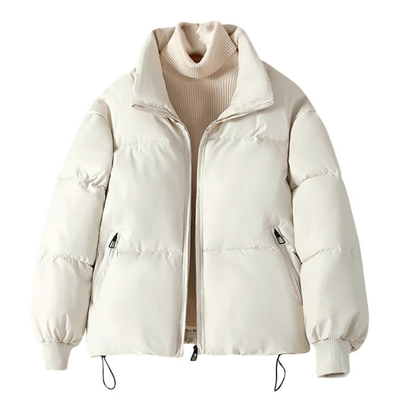 Ashirexll Winter Jackets for Women Loose Casual Standing Collar Thickened Warm Short Bread Jacket White L