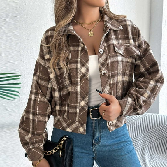 Ashirexll Winter Jackets for Women, Winter Coats for Women, Women's Fall Coats Plaid Wool Long Sleeve Jacket with Fake Pocket