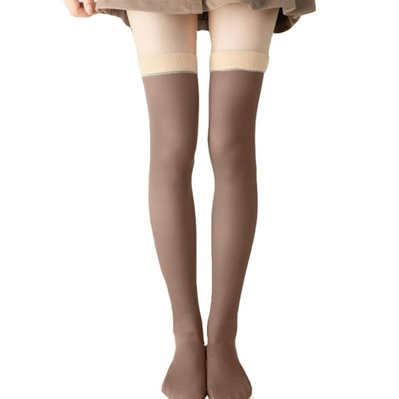 Ashirexll Winter Socks for Women, Knee High Socks for Women, Fashion Solid Coffee Color Fleece Lined Pantyhose Style