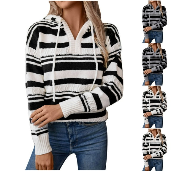 Ashirexll Winter Sweaters Pullover Sweaters for Women Casual Cardigan Striped Commuting Zipper Sweater Pullover Long Sleeve