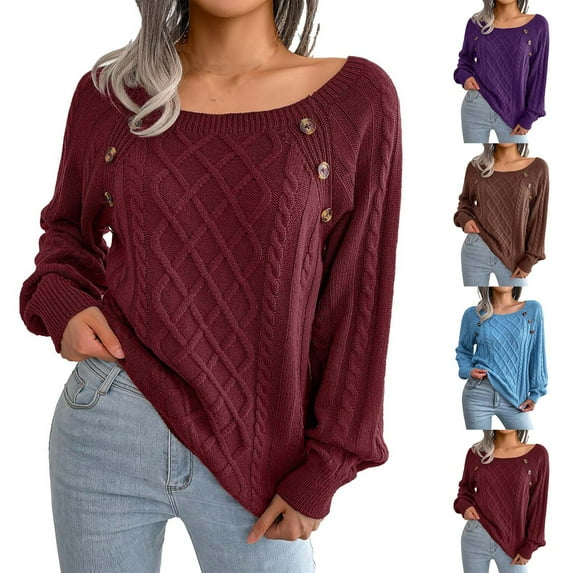 Ashirexll Winter Sweaters Pullover Sweaters for Women Fashion Casual Solid Color Long Sleeve Loose Round Neck Sweater Pullover Button Blouse