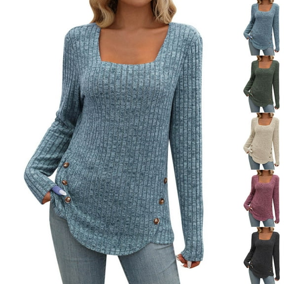 Ashirexll Winter Sweaters Pullover Sweaters for Women Fashion Winter Long Sleeve Square Neck Comfy Solid Color Regular Tops