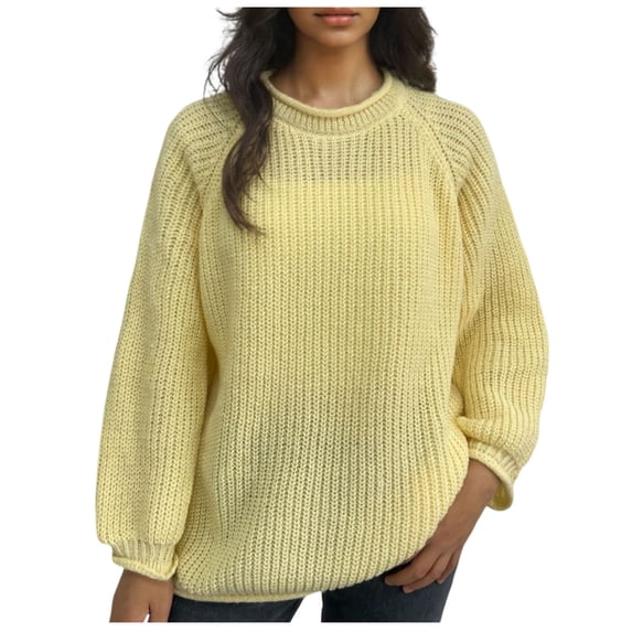 Ashirexll Winter Sweaters for Women, Pullover Sweaters for Women, Women's Solid Color Round Neck Raglan Sleeve Roll Hem Pullover Knit Sweater Casual