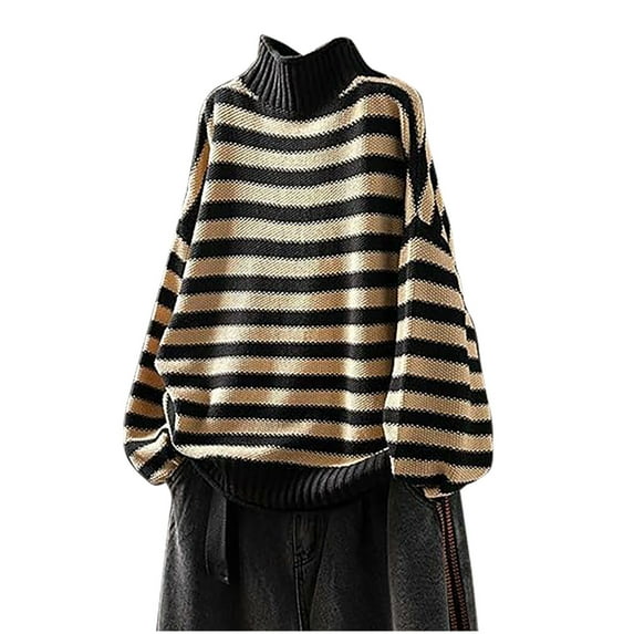 Ashirexll Winter Sweaters for Women, Pullover Sweaters for Women, Women's Vintage Striped Color Block High Neck Knit Sweater Casual Loose Fitting