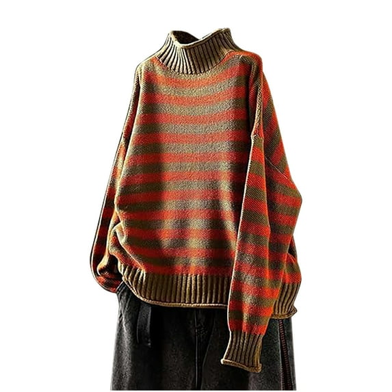 Ashirexll Winter Sweaters for Women, Pullover Sweaters for Women, Women's Vintage Striped Color Block High Neck Knit Sweater Casual Loose Fitting
