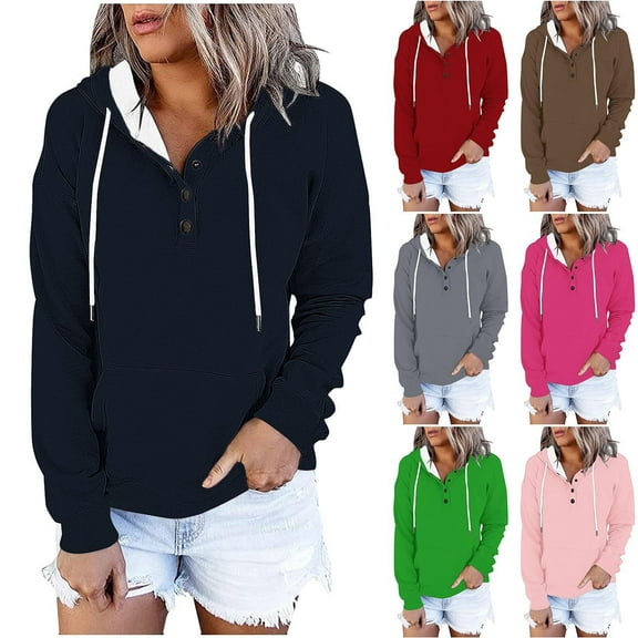 Ashirexll Winter Tops Womens Long Sleeve Tops Casual Zip Up Hoodie Womens Hoodies Pullover Contrast Button Hat Rope Hooded Pocket Pullover Fashion Top