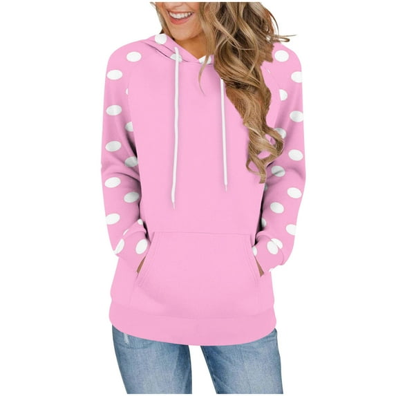 Ashirexll Winter Tops Womens Long Sleeve Tops Casual Zip Up Hoodie Womens Hoodies Pullover Three Lapel Hooded Polka Dots Long Sleeve Casual Tshirt