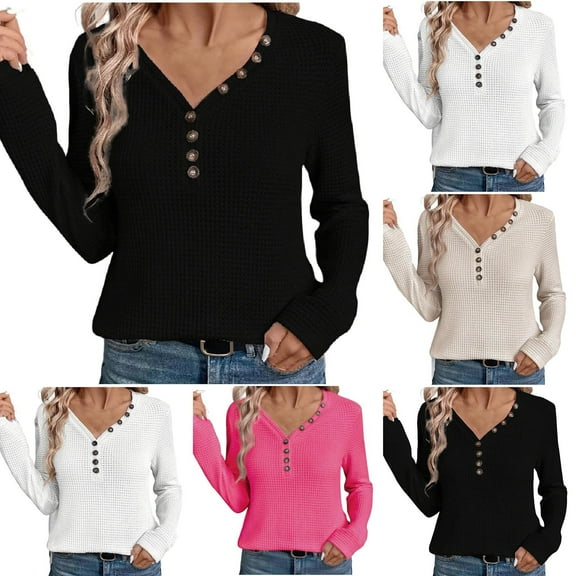 Ashirexll Winter Tops for Long Sleeve Shirts for Casual V-Neck Solid Color Loose Fitting Button Down Blouse
