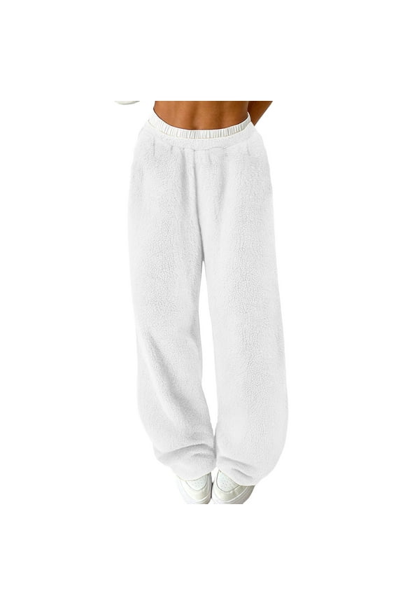 Winter Women Pants Wide Leg Pants Solid Color Drawstring Furry Fleece Lined Casual Warm Trousers Fashion High Comfortable