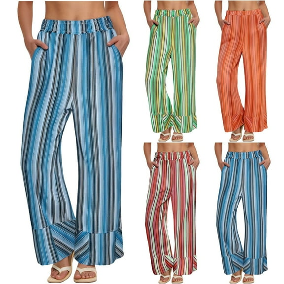 Ashirexll Winter Women Pants, Wide Leg Pants for Women, Striped Casual Hanging Loose Commuting Wide Leg Trousers with Elastic Waistband