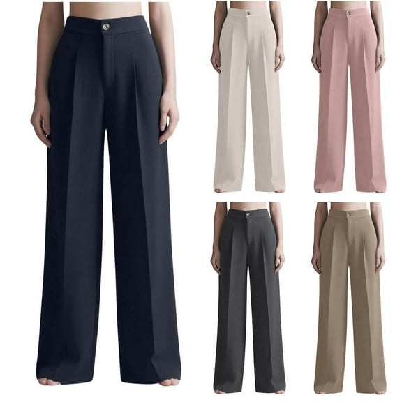Ashirexll Winter Women Pants, Wide Leg Pants for Women, Zipper Button Elastic Waist Straight Wide Leg Casual Business Trousers with Pockets