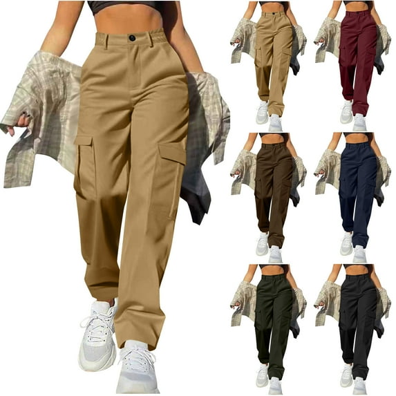 Ashirexll Women Cargo Pants, Women Winter Pants, Classic Straight Leg Work Pants with Button Pocket Fashion Casual Solid Color Trousers