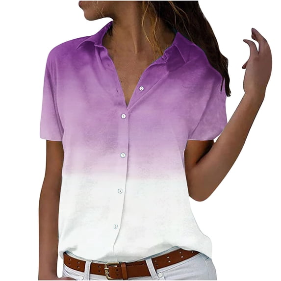 Ashirexll Women Shirts, Blouses for Women, Short Sleeve Turndown Collar Lapel Print Blouses Summer Casual Tops White 6XL