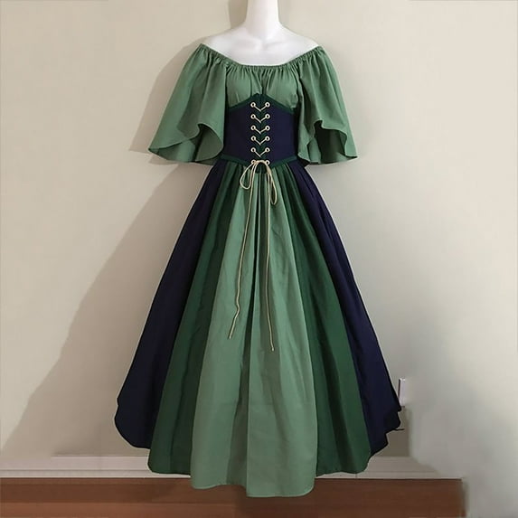 Ashirexll Women Vintage Cosplay Victorian Gothic Corset Dress, Medieval Renaissance Costume Dress, Gothic Patchwork Lace Dress, Halloween Costume One Shoulder Bodycon Dress Green M