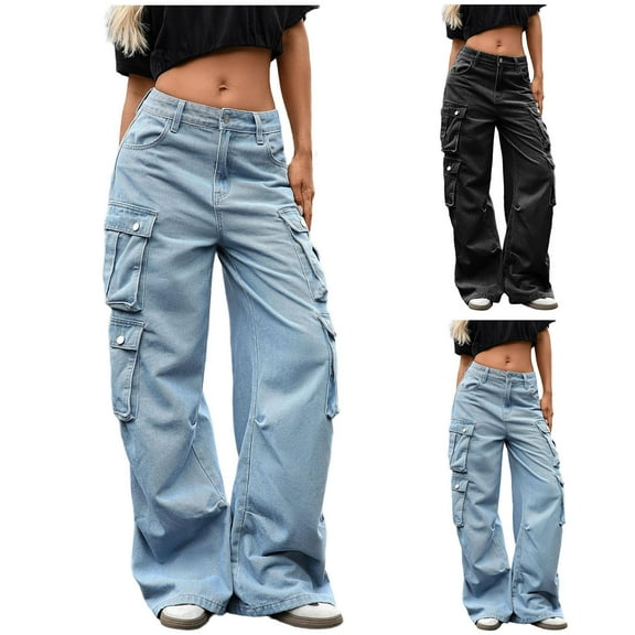 Ashirexll Women Winter Pants, Cargo Pants for Women, Solid Color Baggy Wide Leg Pants Casual Elastic Waistband with Pocket