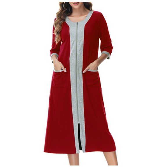 Ashirexll Women Zipper Robe 3/4 Sleeves Loungewear Dress Full Length Sleepwear Pockets Housecoat Nightgown Long Bathrobe Wine XXL