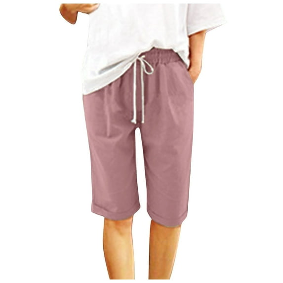 Ashirexll Women's Elastic Waist Knee Length Casual Cotton Bermuda Shorts with Drawstring Pink L