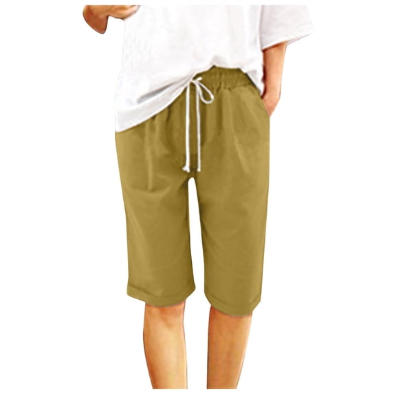 Ashirexll Women's Elastic Waist Knee Length Casual Cotton Bermuda Shorts with Drawstring Yellow 8XL
