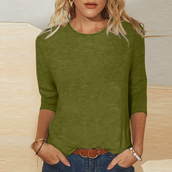 Ashirexll Women's Fashion Summer Tops Solid Color Loose T-Shirt Mid-Length 3/4 Sleeve Blouses Round Neck Casual Tunic Tops for Women Teen Army Green A L