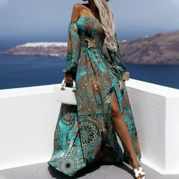 Ashirexll Women's Plus Size Summer Dresses, Wedding Guest Dress for Photoshoot, Elasticity Long Sleeves Printing Tube Tops Off Shoulder Dress, Women Hawaiian Casual Beach Long Dress Blue XXL