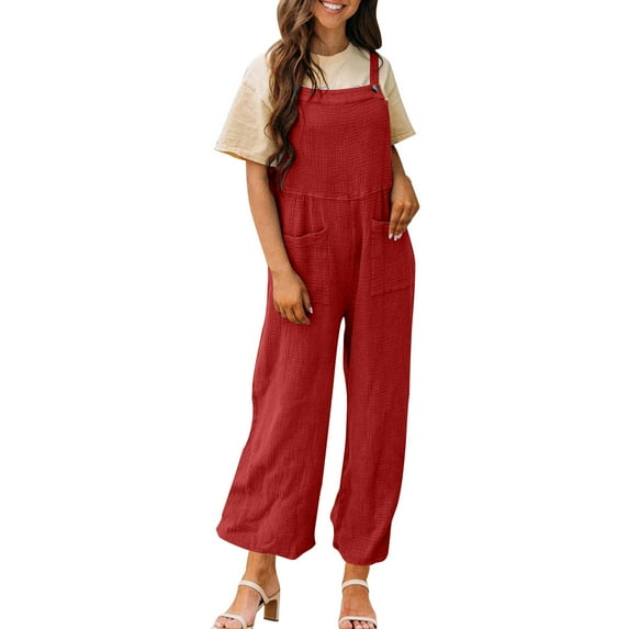 Ashirexll Women's Sleeveless Plus Size Overalls Jumpsuit Casual Loose Long Pant Jumpsuits with Pockets Watermelon Red 3XL