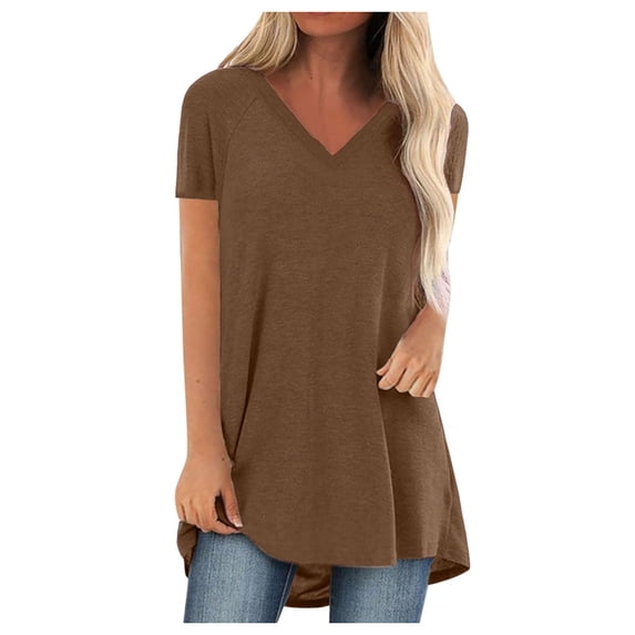 Ashirexll Shirts for Women, Flowy Tops for Women, Summer Casual Short Sleeve Oversize Tunic Tops V-Neck T-Shirt Loose Blouse Casual Basic Tee Tunic Tops Coffee B L