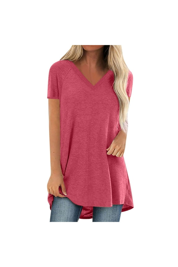 Shirts for Women, Flowy Tops for Women, Summer Casual Short Sleeve Oversize Tunic Tops V-Neck T-Shirt Loose Blouse Casual Basic Tee Tunic Tops Hot Pink C 4XL