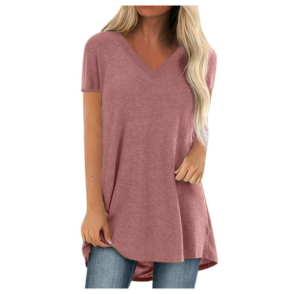 Ashirexll Women's Summer Casual Short Sleeve Oversize Tunic Tops V-Neck T-Shirt Loose Blouse Casual Basic Tee Tunic Tops Pink A L