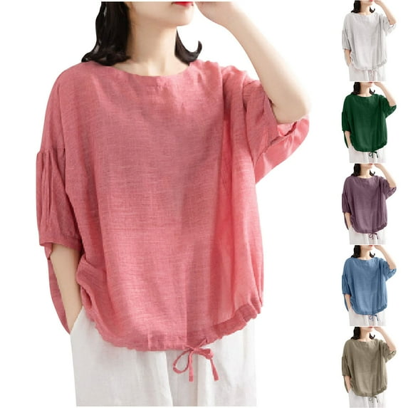 Ashirexll Women's Summer Tops Short Sleeve Shirts for Women Fashion Casual Solid Color Button Round Neck T-shirt Top Short Sleeve Round Neck Top and Shirt