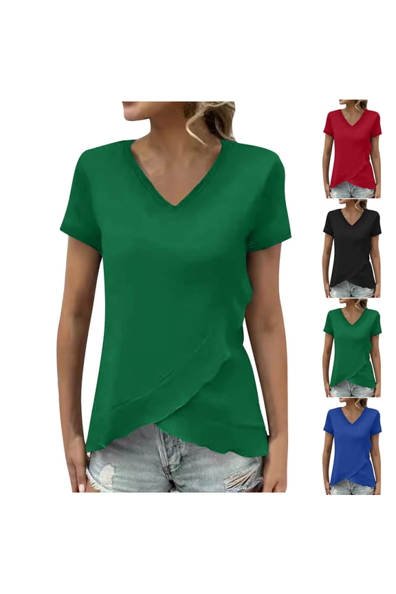 Women's Summer Tops Short Sleeve Shirts for Women V-neck Raglan Shoulder Split Short-Sleeve Solid Color Top Casual T-shirts Fashion Blouses