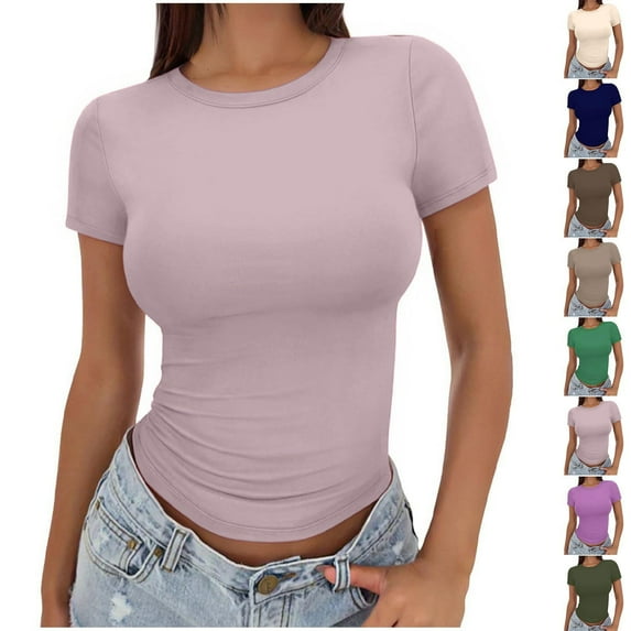 Ashirexll Women's T-shirts Short Sleeve Tops for Women Casual Solid Color Short Sleeve Crew Neck Top