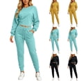 thumbnail image 1 of Ashirexll Womens 2 Piece Outfits Solid Color Round Neck Long Sleeve Top with Drawstring Double Pocket Elastic Waist Pants Winter Set, 1 of 6