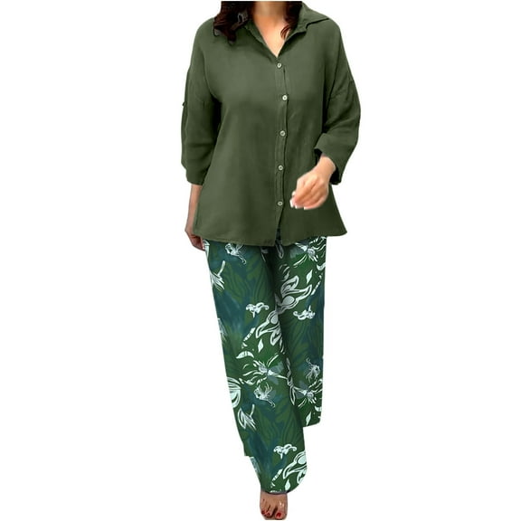 Ashirexll Womens 2 Piece Outfits, Womens Winter Sets, Casual Stripe Long Sleeve Turndown Collar Blouse and Long Pants 2 Piece Set