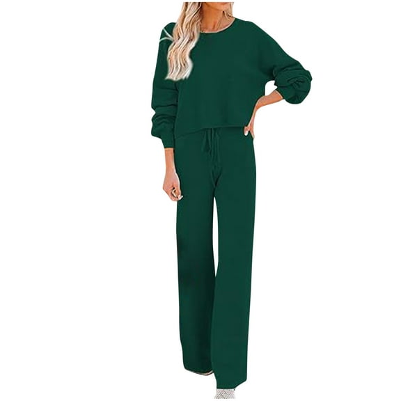 Ashirexll Womens 2 Piece Outfits, Womens Winter Sets, Comfortable Casual Long Sleeve Round Neck Skew Shoulder Blouse and Lace Solid Color Pants Set