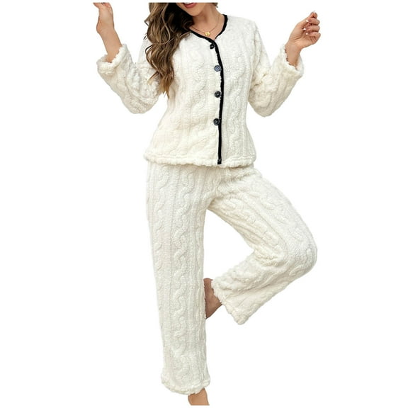 Ashirexll Womens 2 Piece Outfits, Womens Winter Sets, Fashion Button Front Top with Elastic Waist Long Pants Casual Set