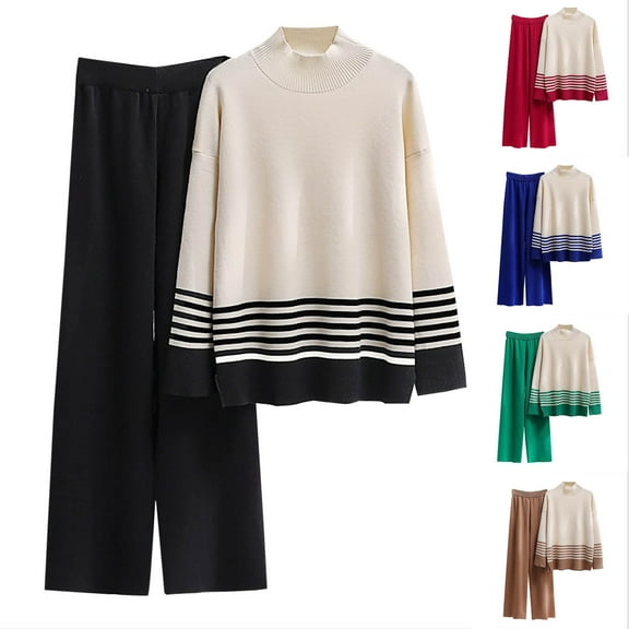 Ashirexll Womens 2 Piece Outfits, Womens Winter Sets, Fashion Casual Long Sleeve Round Neck Blouse and Shirt Two Piece Set