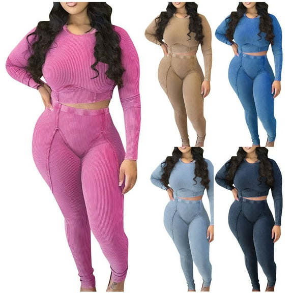 Ashirexll Womens 2 Piece Outfits, Womens Winter Sets, Fashion Comfortable Casual Solid Color Long Sleeve Round Neck Blouse and Pants Set