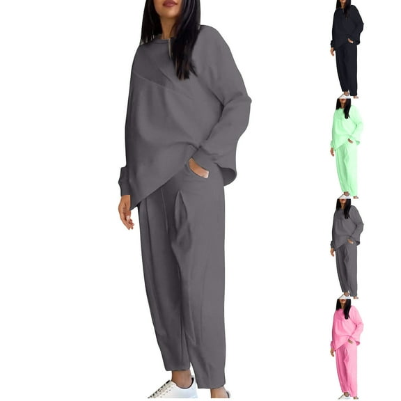 Ashirexll Womens 2 Piece Outfits, Womens Winter Sets, Solid Color Casual Round Neck Loose Irregular Long Sleeve Top and Pocket Pants Set