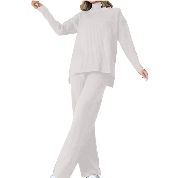 Ashirexll Womens 2 Piece Outfits, Womens Winter Sets, Winter Fashion High Collar Loose Casual Two Piece Solid Color Knitted Long Sleeve Set
