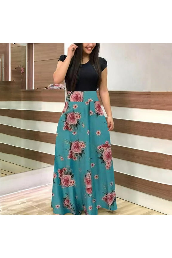 Womens Boho Summer Dress Short Sleeve Floral Boho Print Long Dress Casual Maxi Sun Dresses Mint Green M
