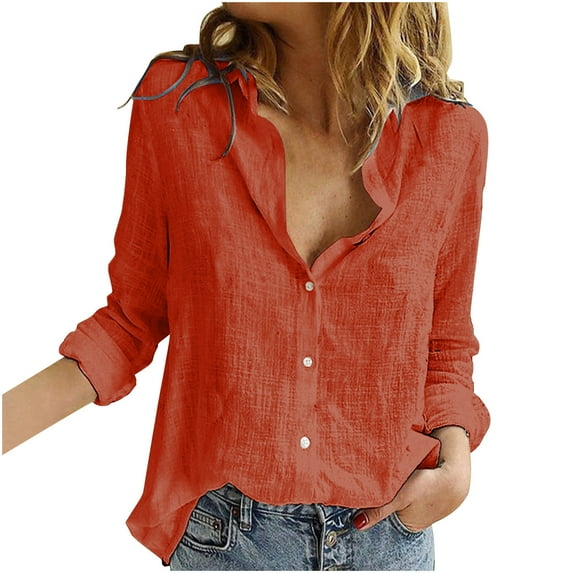 Ashirexll Womens Button Down Shirts Casual Long Sleeve Dress Shirt Textured Collared Work Blouse Top with Pocket Orange M