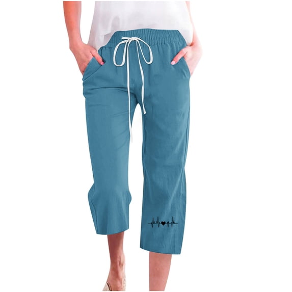 Ashirexll Womens Capris for Summer, Solid Color Drawstring Cotton Linen Casual Loose Leisure Wide Leg Straight Mid Pants with Pockets Blue F XXL