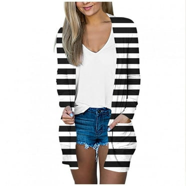 Ashirexll Womens Cardigan Sweaters Fall Winter Fashion Casual Striped Long Sleeve Soft Knit Cardigan Thin Sweater with Pocket Black XL
